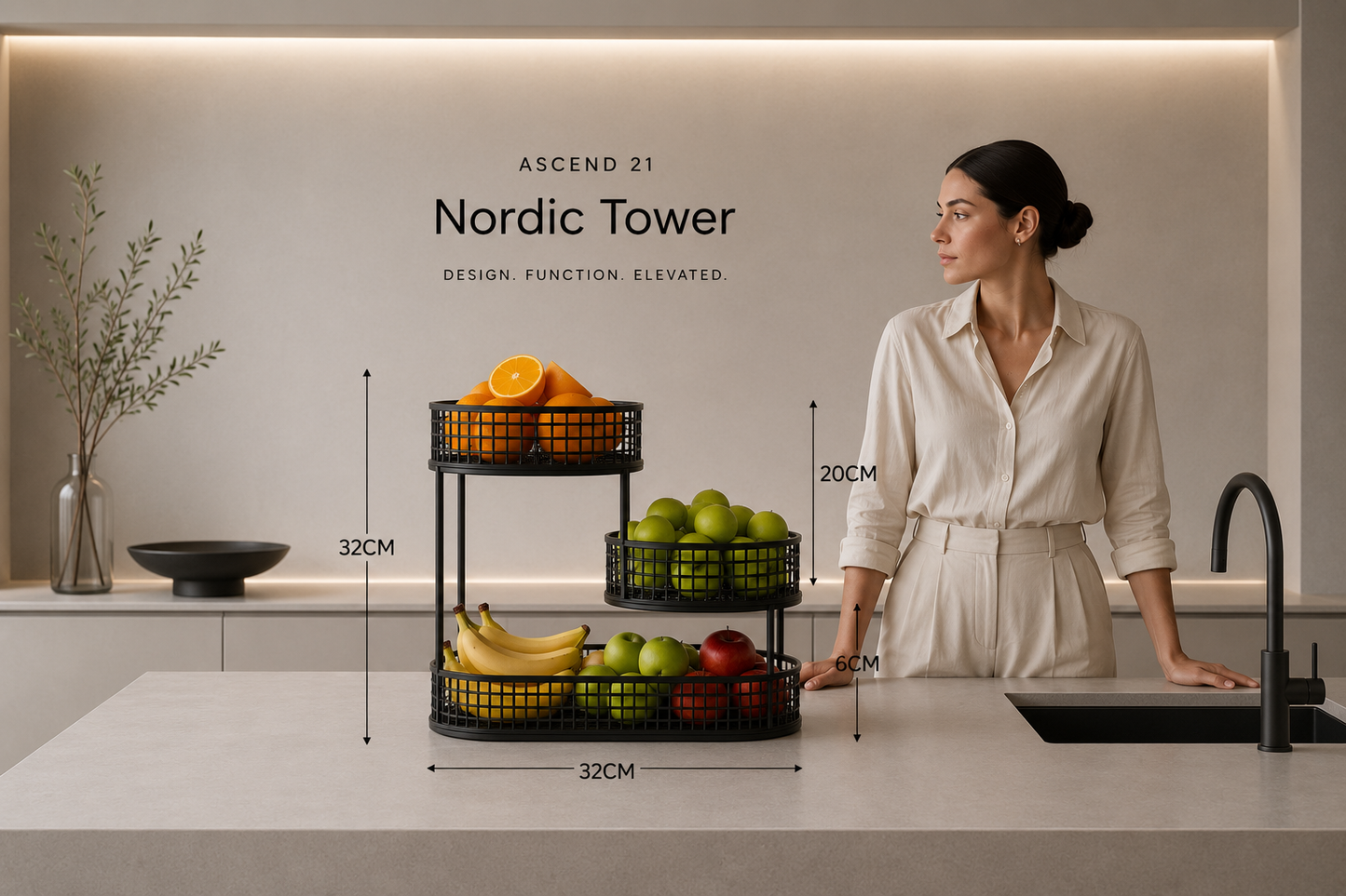 ASCEND 21 Nordic Tower – 3-stufiger Obstkorb aus Metall – Moderner Obstständer mit 3 Körben – Platzsparende Obstschale für Küche, Esstisch & Kücheninsel – Minimalistisches Design in Mattschwarz