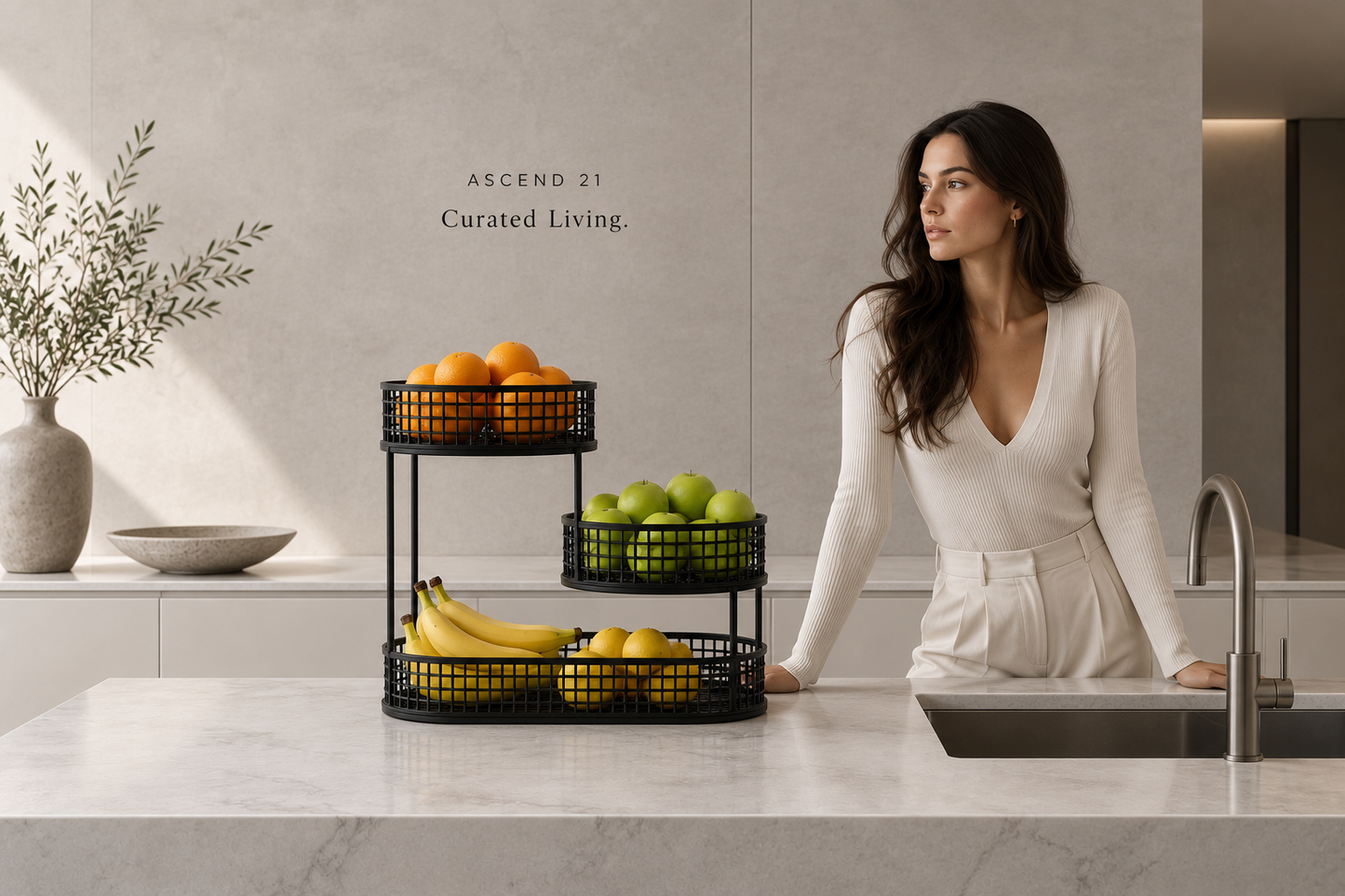 ASCEND 21 Nordic Tower – 3-stufiger Obstkorb aus Metall – Moderner Obstständer mit 3 Körben – Platzsparende Obstschale für Küche, Esstisch & Kücheninsel – Minimalistisches Design in Mattschwarz