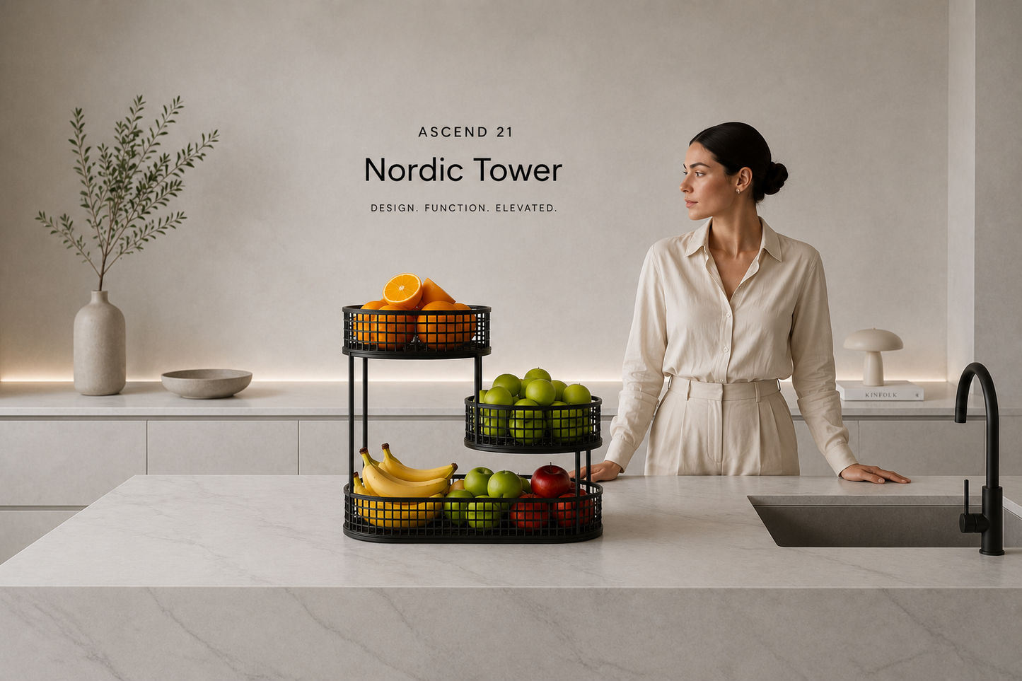 ASCEND 21 Nordic Tower – 3-stufiger Obstkorb aus Metall – Moderner Obstständer mit 3 Körben – Platzsparende Obstschale für Küche, Esstisch & Kücheninsel – Minimalistisches Design in Mattschwarz