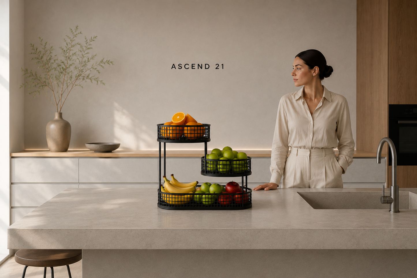 ASCEND 21 Nordic Tower – 3-stufiger Obstkorb aus Metall – Moderner Obstständer mit 3 Körben – Platzsparende Obstschale für Küche, Esstisch & Kücheninsel – Minimalistisches Design in Mattschwarz