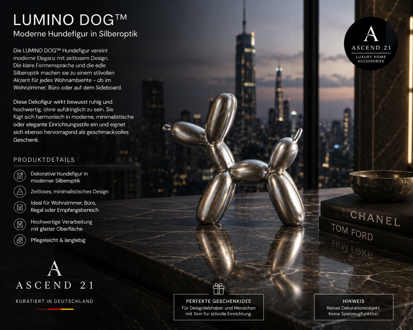 LUMINO DOG™ Silberne Hunde Skulptur – Moderne Deko Figur in Silberoptik, Elegantes Wohnaccessoire für Wohnzimmer, Sideboard, Regal & Büro, Minimalistische Design Dekoration