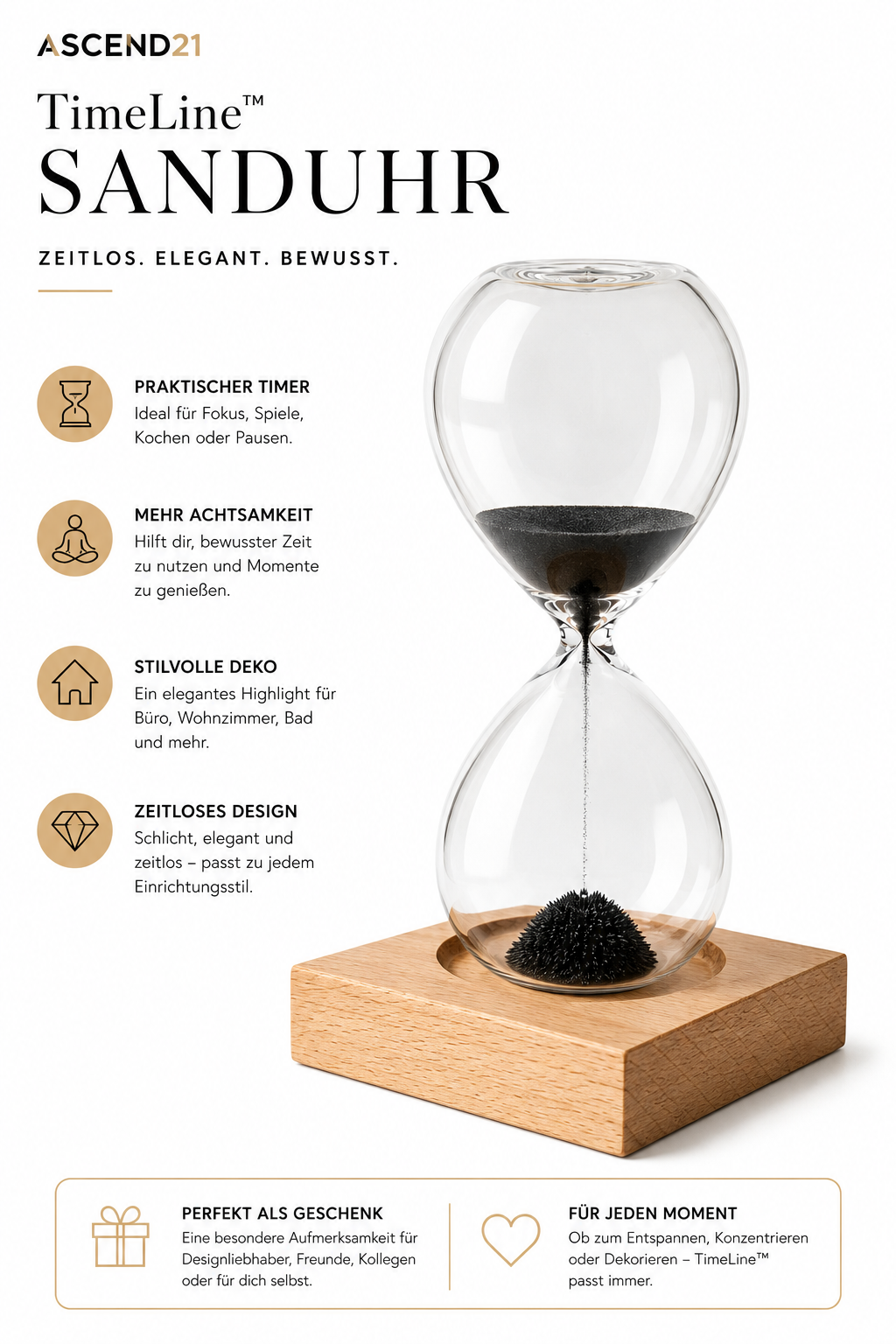 ASCEND 21 TimeLine™ Sanduhr – Elegante Design Sanduhr als Deko & Timer | Stilvolles Wohnaccessoire für Büro, Wohnzimmer, Bad & Meditation | Minimalistische Zeitmesser-Dekoration