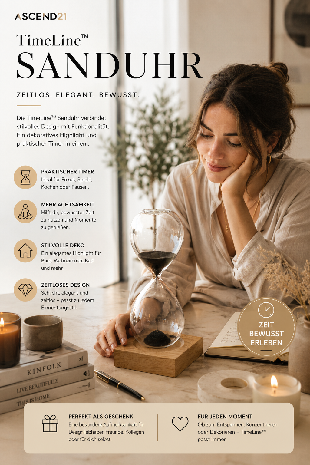 ASCEND 21 TimeLine™ Sanduhr – Elegante Design Sanduhr als Deko & Timer | Stilvolles Wohnaccessoire für Büro, Wohnzimmer, Bad & Meditation | Minimalistische Zeitmesser-Dekoration