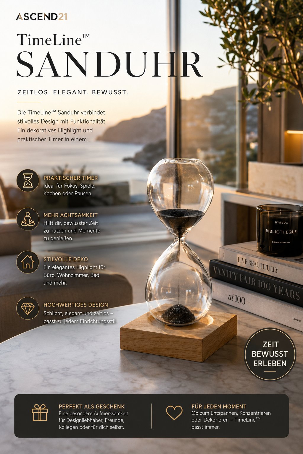 ASCEND 21 TimeLine™ Sanduhr – Elegante Design Sanduhr als Deko & Timer | Stilvolles Wohnaccessoire für Büro, Wohnzimmer, Bad & Meditation | Minimalistische Zeitmesser-Dekoration