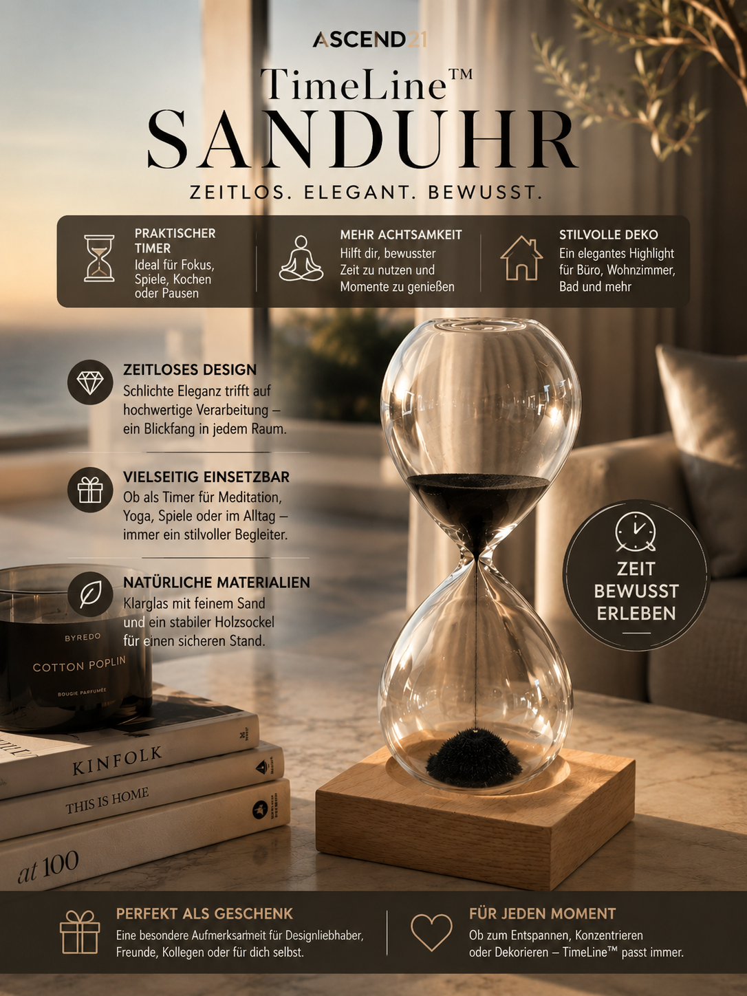 ASCEND 21 TimeLine™ Sanduhr – Elegante Design Sanduhr als Deko & Timer | Stilvolles Wohnaccessoire für Büro, Wohnzimmer, Bad & Meditation | Minimalistische Zeitmesser-Dekoration