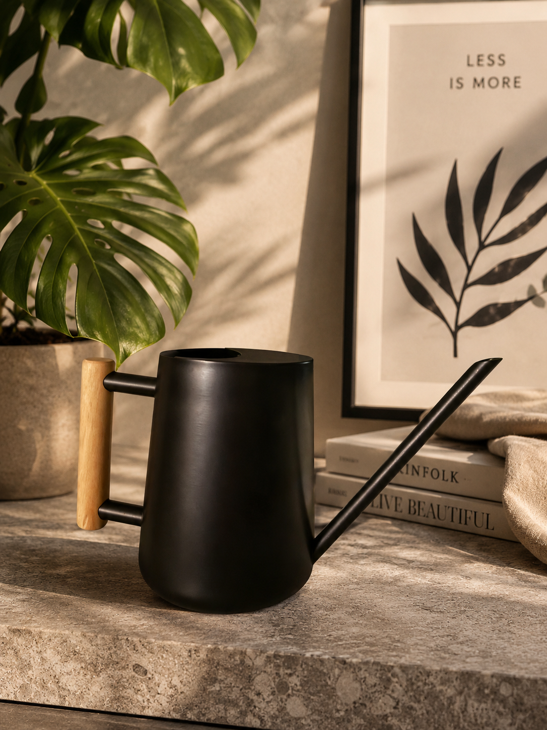 ASCEND 21 NoirFlow™ Design Gießkanne – Mattschwarze Metall Gießkanne mit Echtholzgriff | Elegantes Pflanzen Zubehör für Zimmerpflanzen | Skandi, Japandi & Urban Jungle Wohnaccessoire