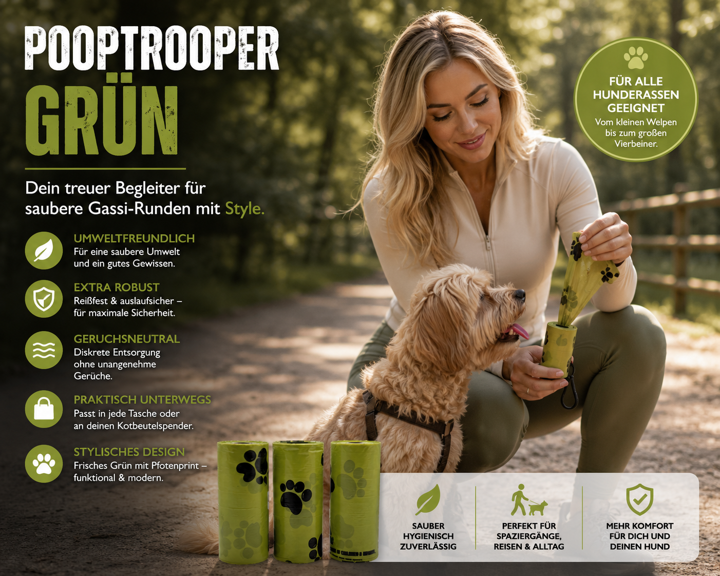 PoopTrooper™ Grün Hundekotbeutel – robuste & geruchsneutrale Kotbeutel für Hunde | Reißfeste Gassi-Beutel | Praktisches Hundezubehör für Spaziergänge & Reisen