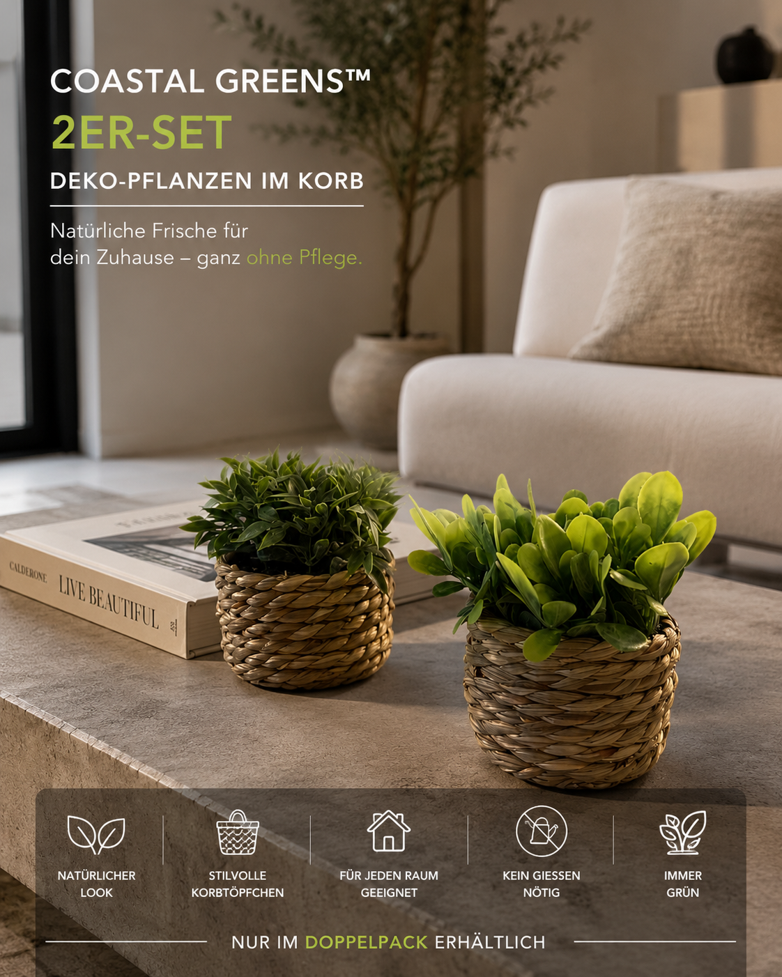 Coastal Greens™ 2er-Set Deko-Kunstpflanzen im Korb – realistische künstliche Pflanzen für Wohnzimmer, Badezimmer & Büro | Pflegefreie Mini-Zimmerpflanzen im Boho & Skandi Design