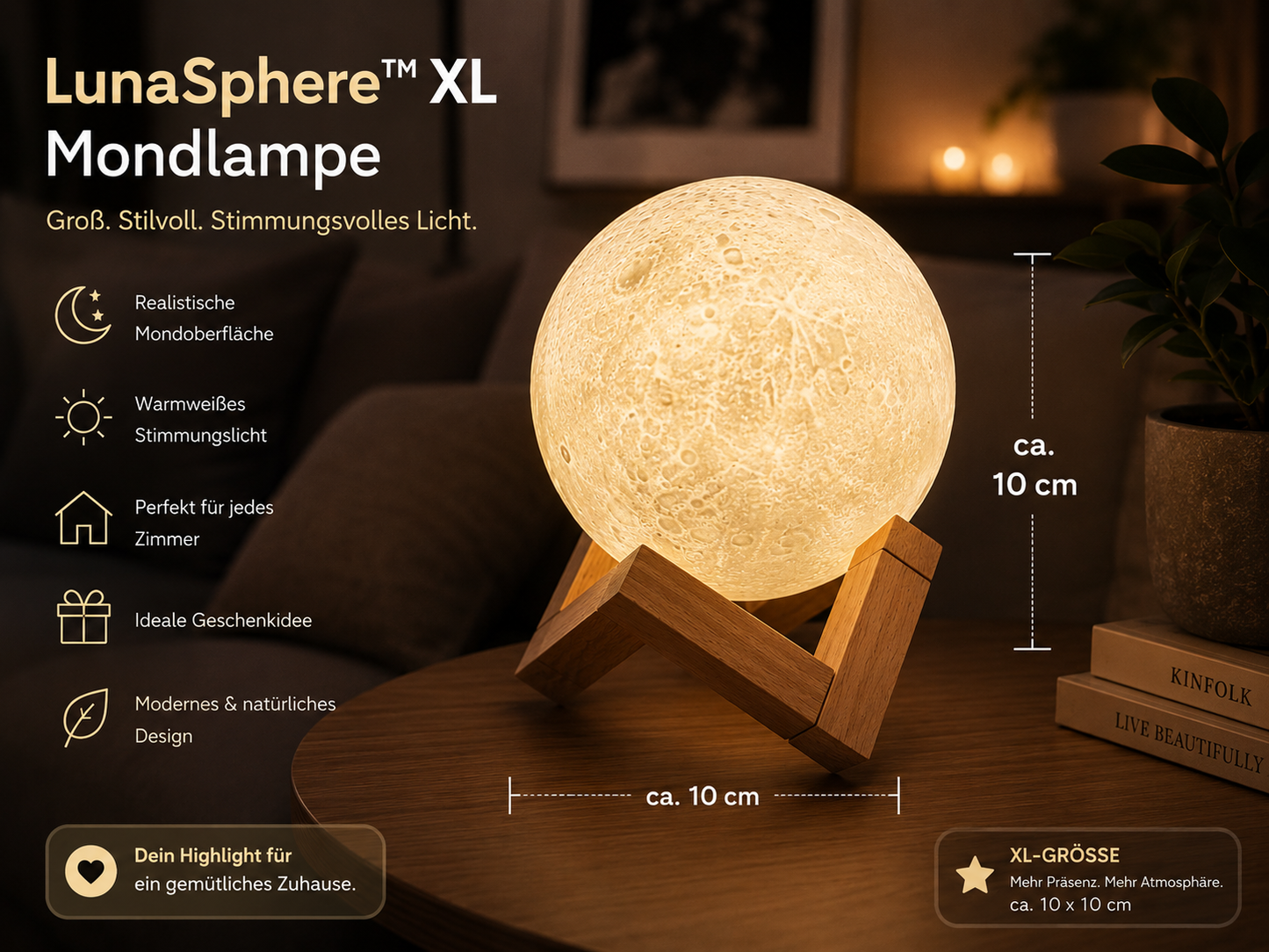 LunaSphere™ XL Mondlampe – Große Mondleuchte für Wohnzimmer, Schlafzimmer & Kinderzimmer | Stimmungsvolle Dekolampe mit realistischer Mondoberfläche