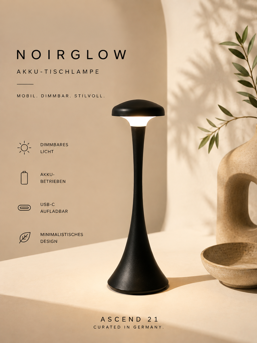ASCEND 21 NoirGlow – Mobile LED-Tischlampe in Schwarz