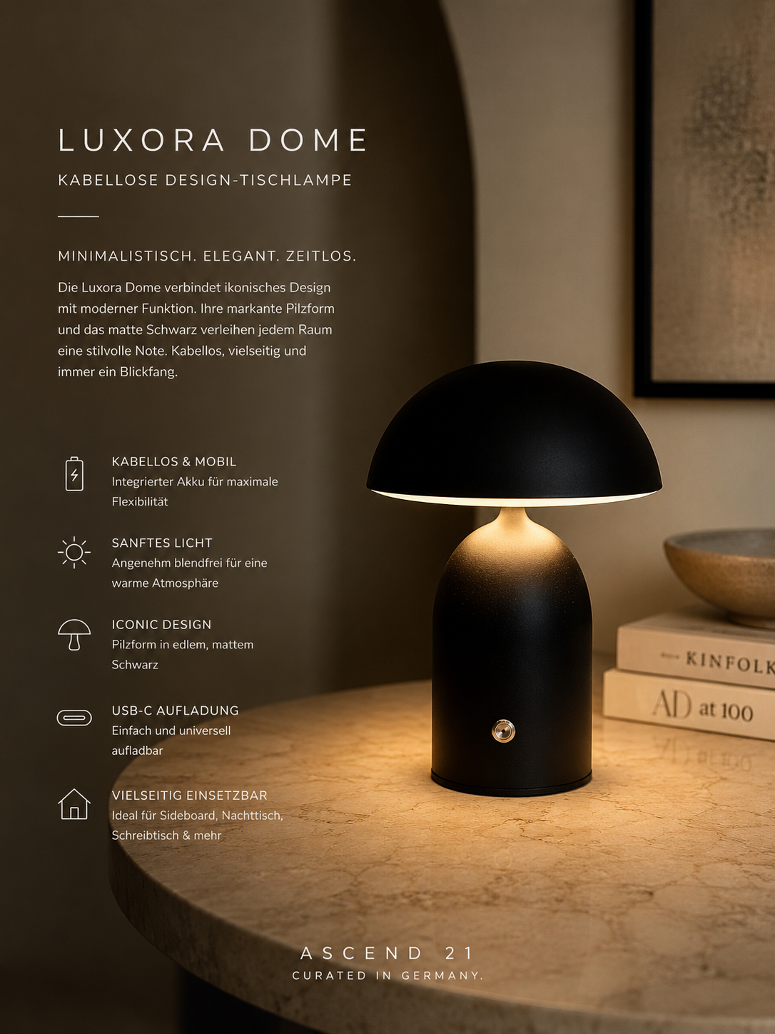 ASCEND 21 Luxora Dome – Mobile Design-Tischlampe in Schwarz