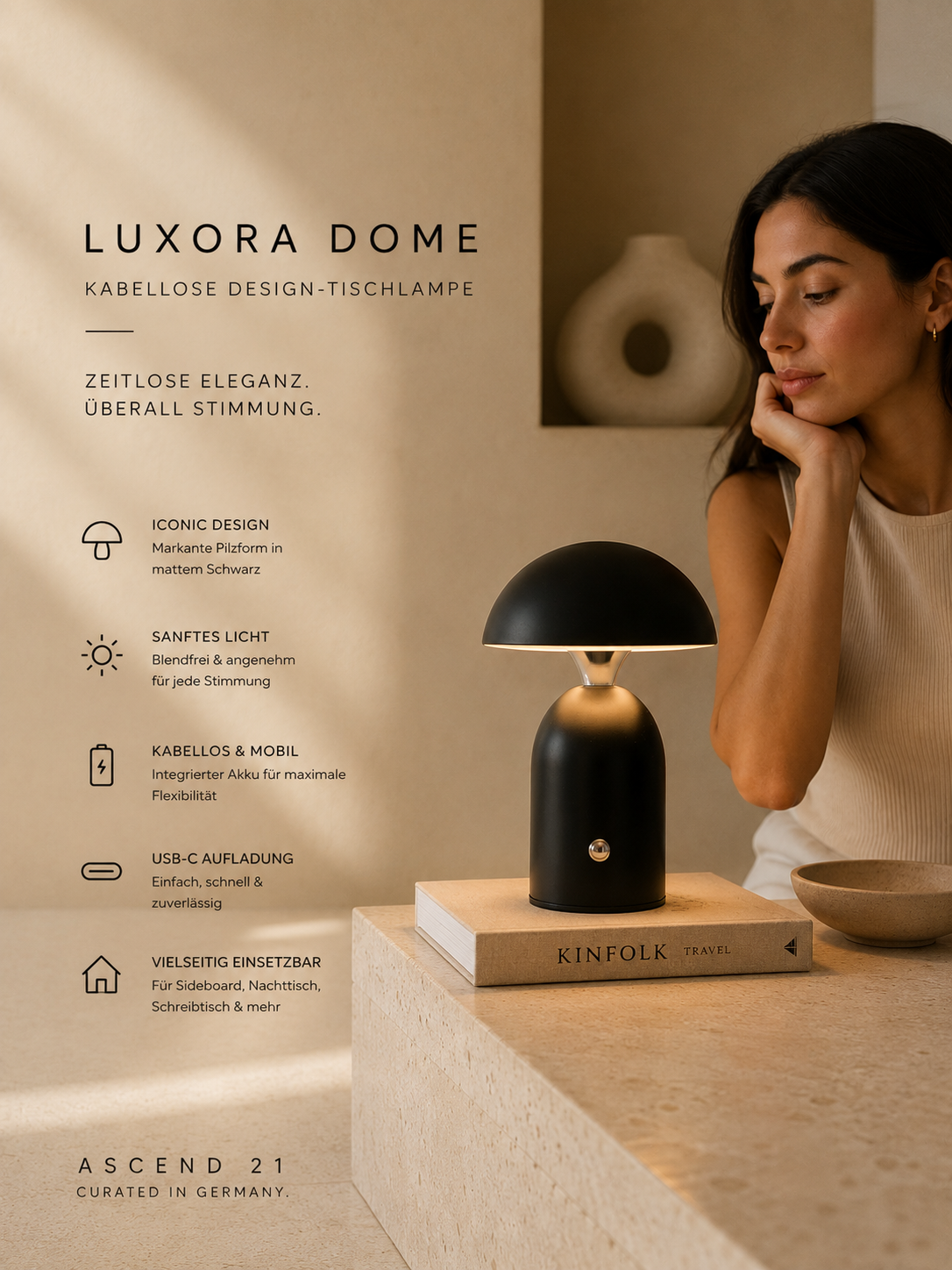 ASCEND 21 Luxora Dome – Mobile Design-Tischlampe in Schwarz