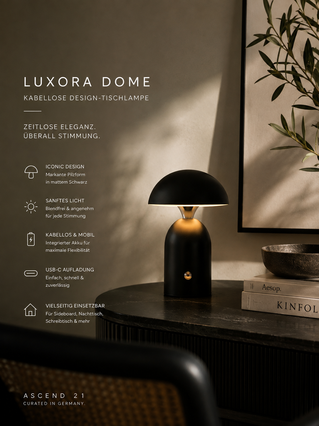 ASCEND 21 Luxora Dome – Mobile Design-Tischlampe in Schwarz