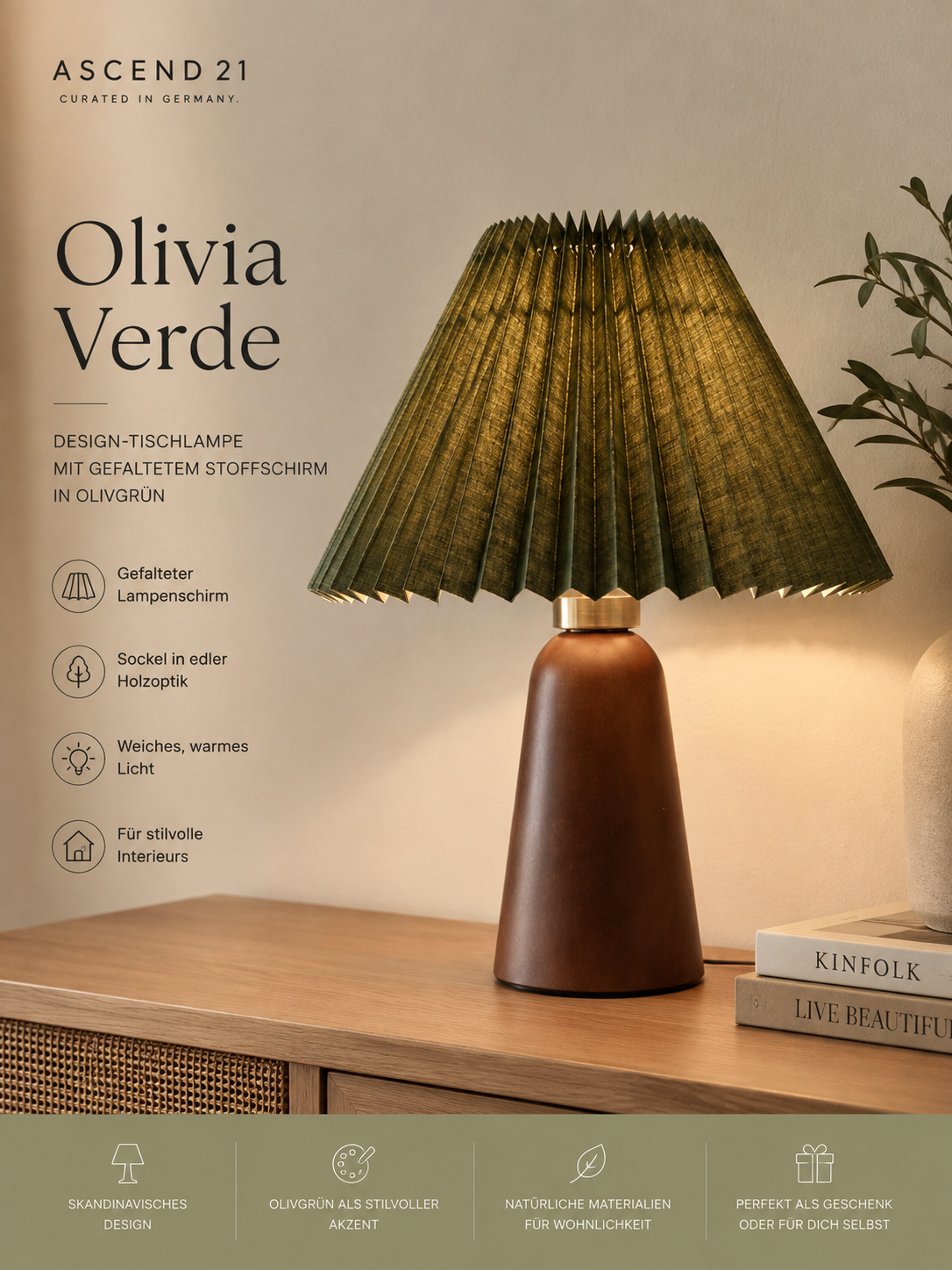 ASCEND 21 Olivia Verde – Design-Tischlampe mit gefaltetem Schirm in Olivgrün