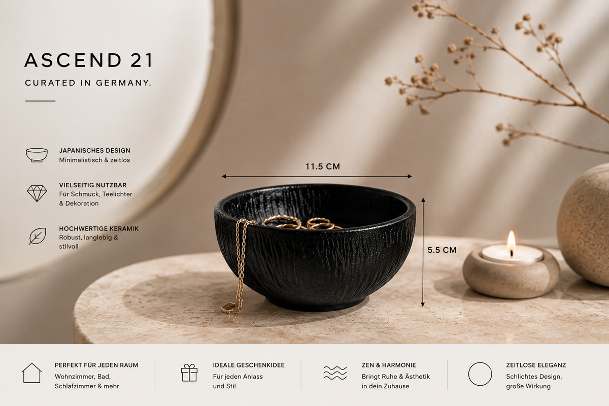 ASCEND 21 Zen Bowl Mini™ Schwarze Deko-Schale im japanischen Stil – kleine Design Schale für Schmuck, Teelichter & Dekoration | Minimalistische Japandi Ablage für Wohnzimmer, Bad & Schlafzimmer