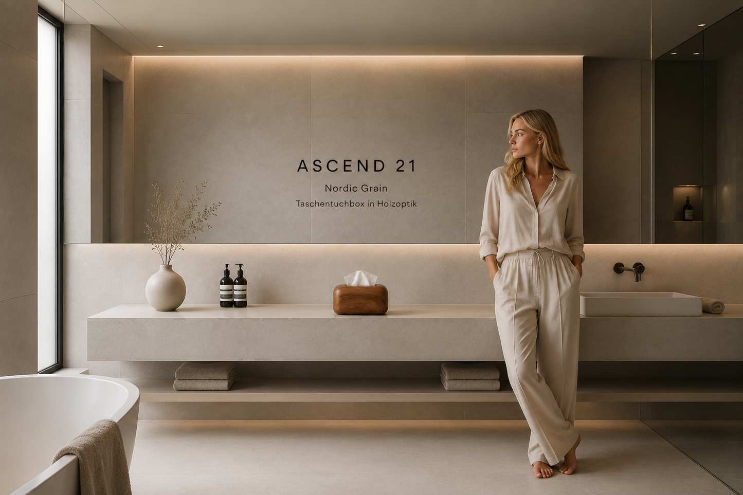 ASCEND 21 Nordic Grain – Taschentuchbox in Holzoptik – Moderner Taschentuchspender für Kosmetiktücher – Minimalistische Tissue Box für Wohnzimmer, Badezimmer, Schlafzimmer & Büro
