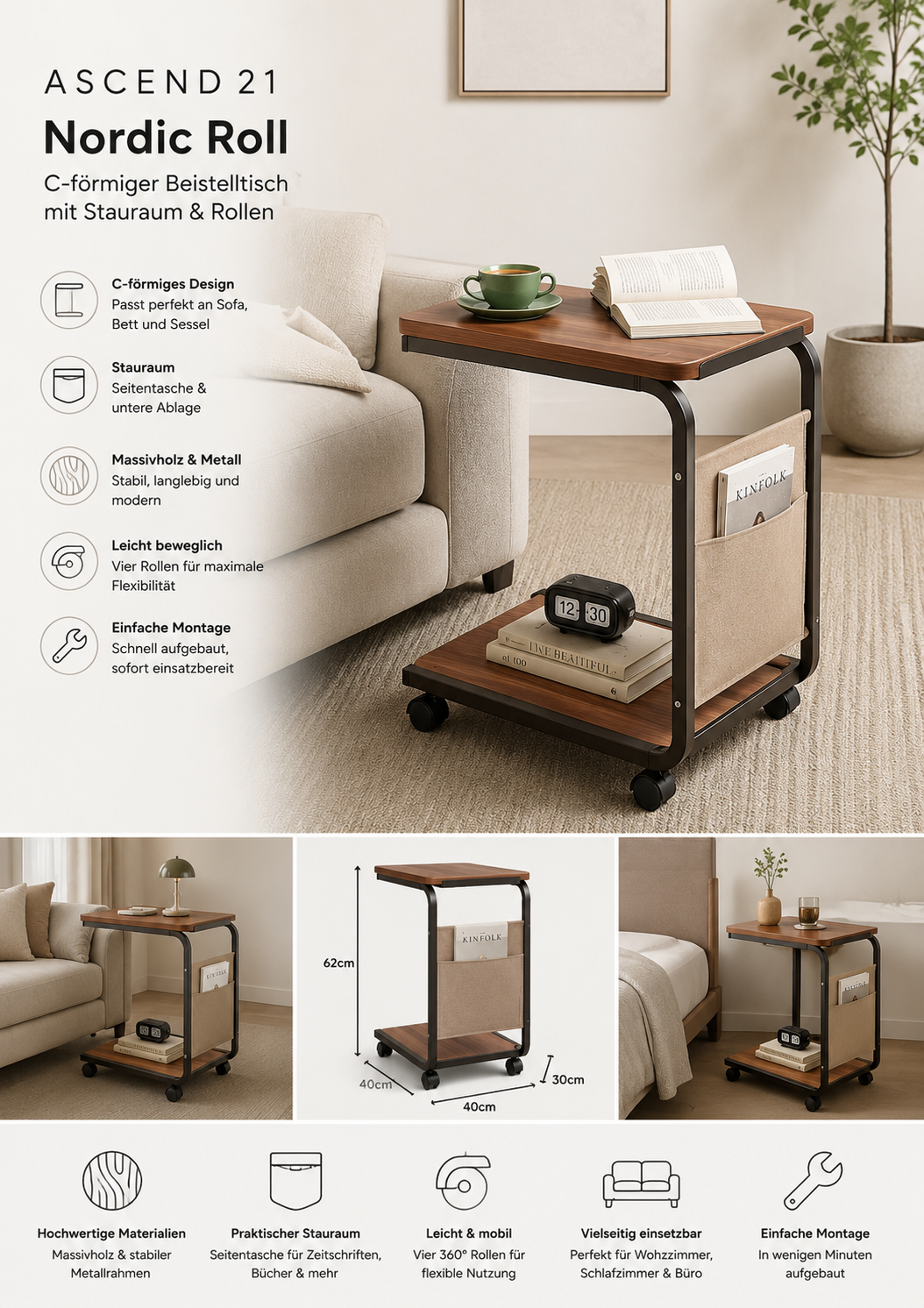 ASCEND 21 Nordic Roll – C-förmiger Beistelltisch mit Rollen & Seitentasche – Moderner Sofatisch aus Holz & Metall – Rollbarer Couchtisch für Sofa, Bett, Wohnzimmer & Schlafzimmer