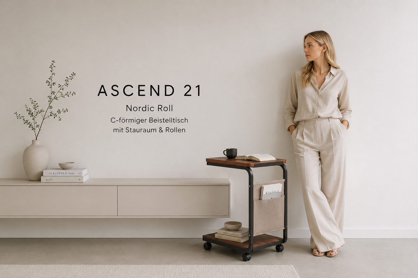 ASCEND 21 Nordic Roll – C-förmiger Beistelltisch mit Rollen & Seitentasche – Moderner Sofatisch aus Holz & Metall – Rollbarer Couchtisch für Sofa, Bett, Wohnzimmer & Schlafzimmer