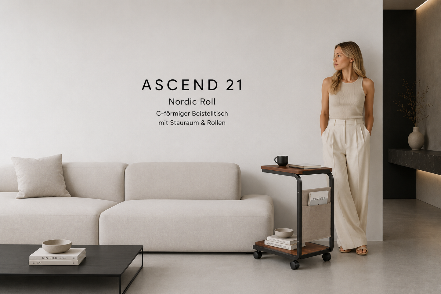 ASCEND 21 Nordic Roll – C-förmiger Beistelltisch mit Rollen & Seitentasche – Moderner Sofatisch aus Holz & Metall – Rollbarer Couchtisch für Sofa, Bett, Wohnzimmer & Schlafzimmer