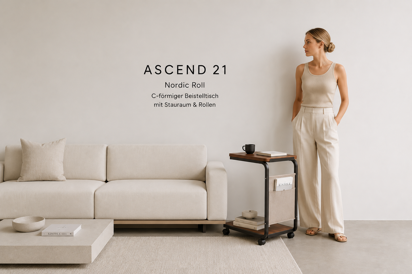 ASCEND 21 Nordic Roll – C-förmiger Beistelltisch mit Rollen & Seitentasche – Moderner Sofatisch aus Holz & Metall – Rollbarer Couchtisch für Sofa, Bett, Wohnzimmer & Schlafzimmer