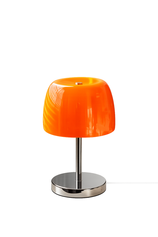ASCEND 21 Amber Halo Tischlampe Orange – Designlampe aus Glas mit Kabel, Chromfuß, Retro Tischleuchte für Wohnzimmer, Schlafzimmer, Nachttisch, Sideboard & Büro