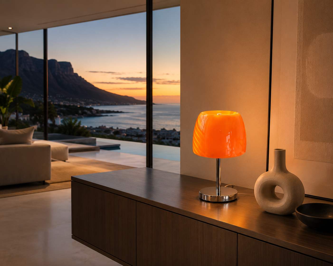 ASCEND 21 Amber Halo Tischlampe Orange – Designlampe aus Glas mit Kabel, Chromfuß, Retro Tischleuchte für Wohnzimmer, Schlafzimmer, Nachttisch, Sideboard & Büro