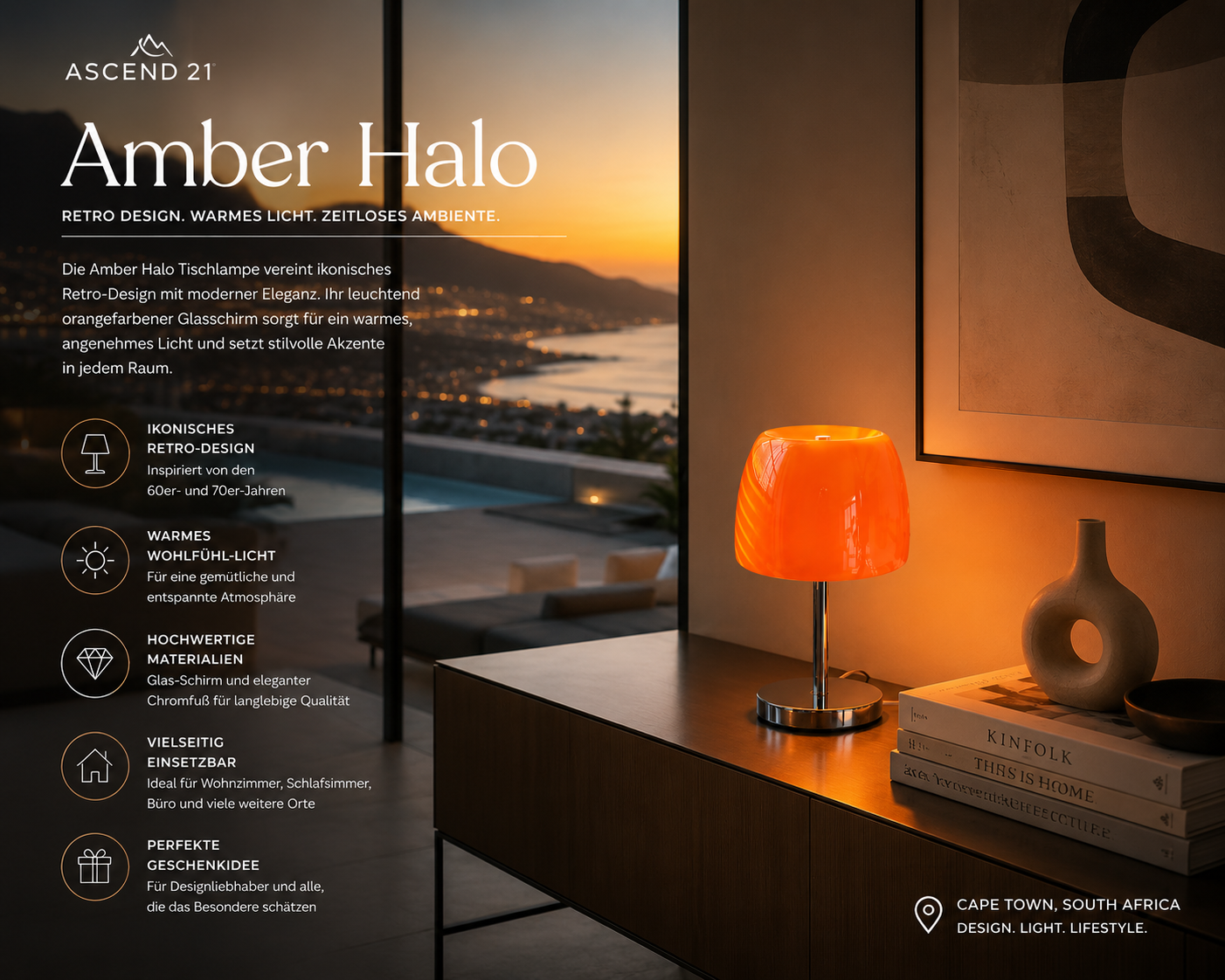 ASCEND 21 Amber Halo Tischlampe Orange – Designlampe aus Glas mit Kabel, Chromfuß, Retro Tischleuchte für Wohnzimmer, Schlafzimmer, Nachttisch, Sideboard & Büro