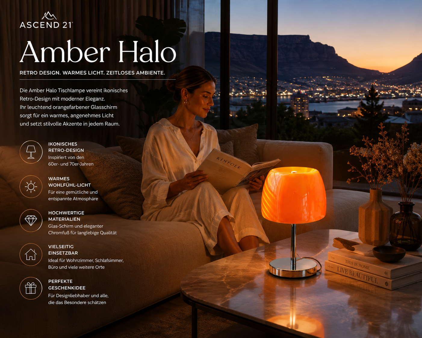 ASCEND 21 Amber Halo Tischlampe Orange – Designlampe aus Glas mit Kabel, Chromfuß, Retro Tischleuchte für Wohnzimmer, Schlafzimmer, Nachttisch, Sideboard & Büro