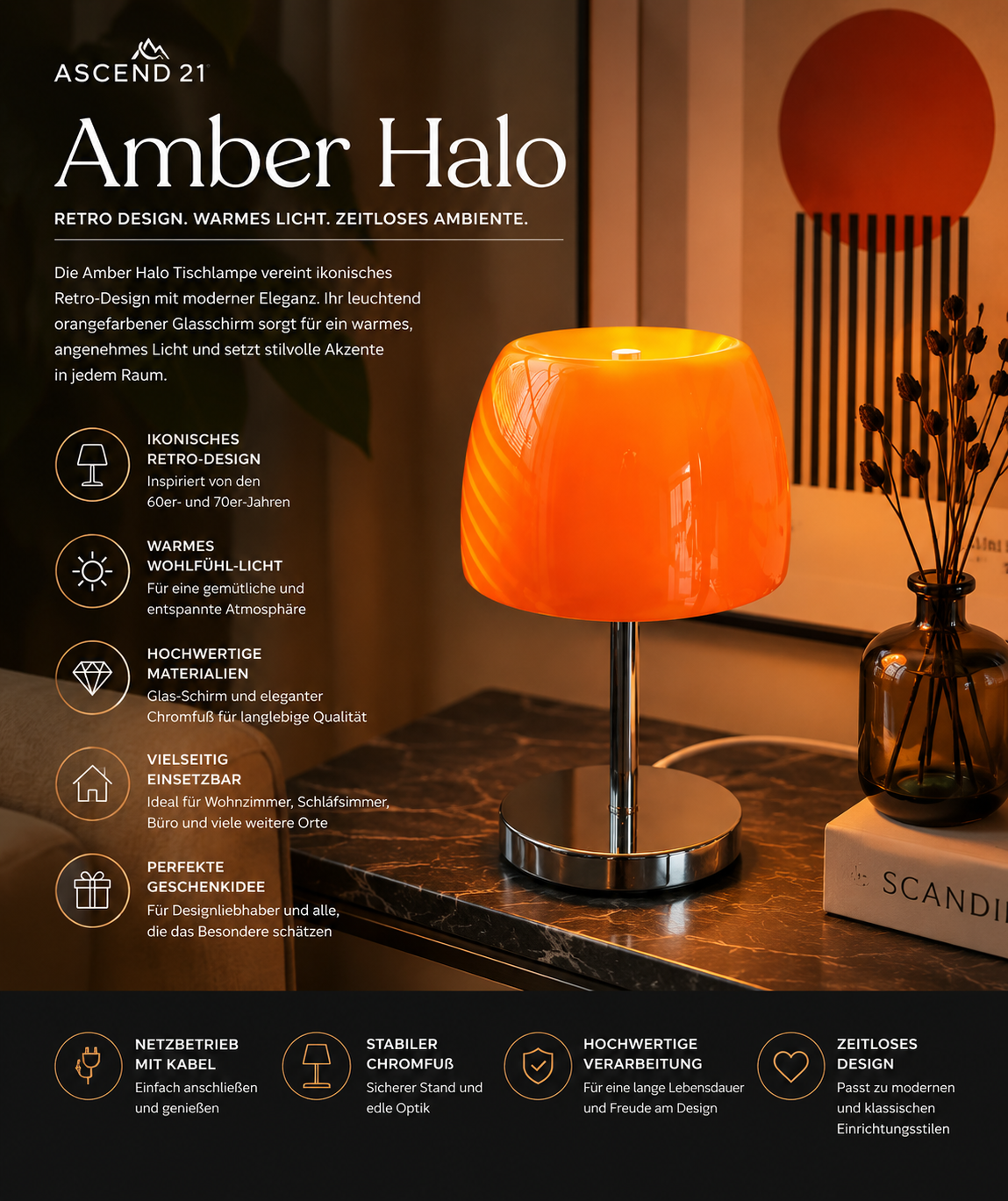 ASCEND 21 Amber Halo Tischlampe Orange – Designlampe aus Glas mit Kabel, Chromfuß, Retro Tischleuchte für Wohnzimmer, Schlafzimmer, Nachttisch, Sideboard & Büro