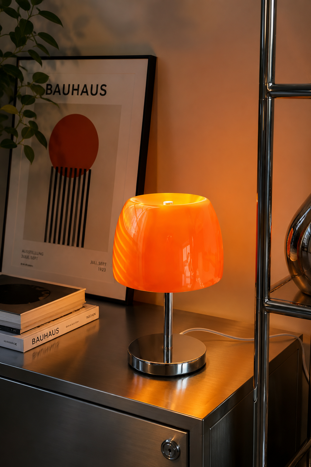 ASCEND 21 Amber Halo Tischlampe Orange – Designlampe aus Glas mit Kabel, Chromfuß, Retro Tischleuchte für Wohnzimmer, Schlafzimmer, Nachttisch, Sideboard & Büro