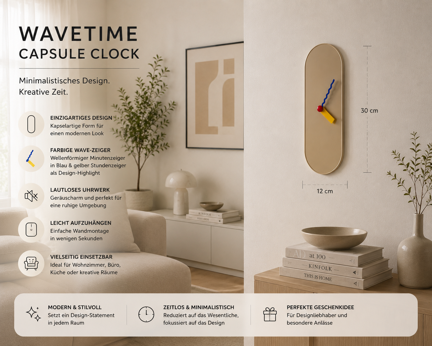 ASCEND 21 WaveTime Capsule Clock – Moderne Design-Wanduhr mit kreativen Wave-Zeigern, Lautloses Uhrwerk, Minimalistische Uhr für Wohnzimmer, Büro, Küche, Flur & Home Office
