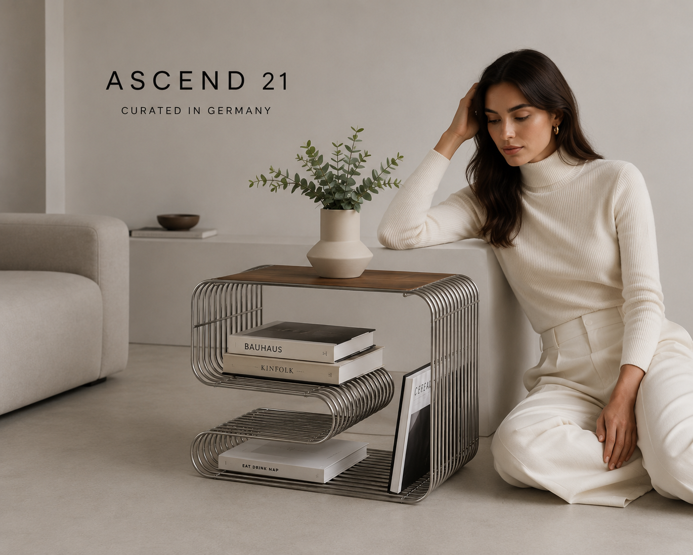 ASCEND 21 Nordic Loop – Moderner Design-Beistelltisch aus Metall – Minimalistischer Sofatisch mit integriertem Bücherregal & Zeitschriftenhalter – Skandinavischer Wohnzimmertisch für Wohnzimmer, Schlafzimmer & Lounge