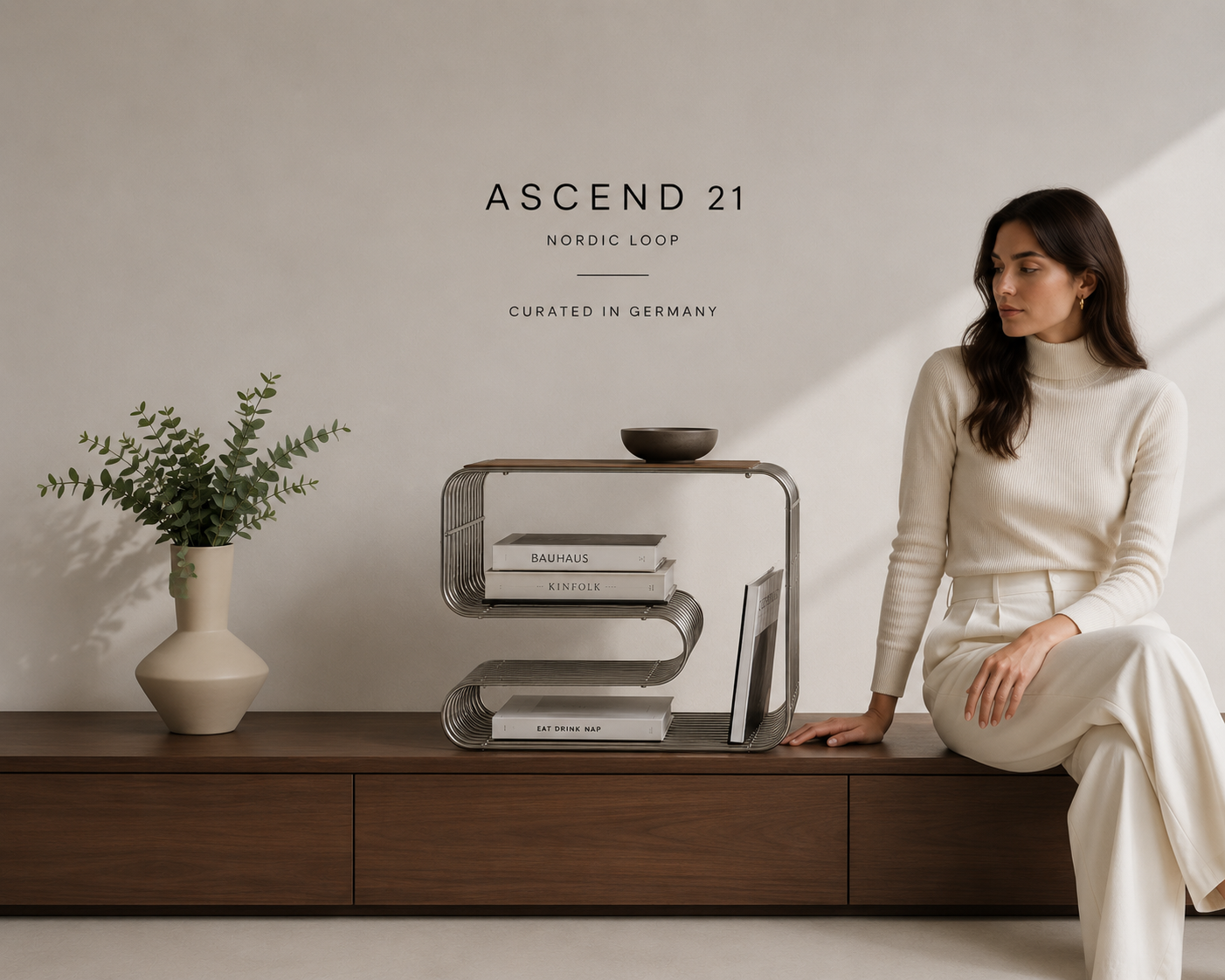 ASCEND 21 Nordic Loop – Moderner Design-Beistelltisch aus Metall – Minimalistischer Sofatisch mit integriertem Bücherregal & Zeitschriftenhalter – Skandinavischer Wohnzimmertisch für Wohnzimmer, Schlafzimmer & Lounge