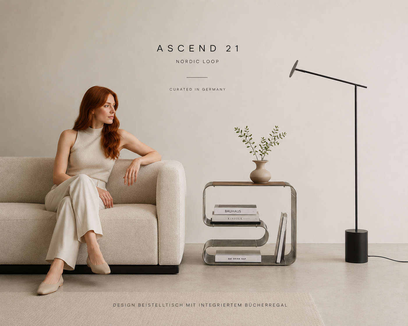 ASCEND 21 Nordic Loop – Moderner Design-Beistelltisch aus Metall – Minimalistischer Sofatisch mit integriertem Bücherregal & Zeitschriftenhalter – Skandinavischer Wohnzimmertisch für Wohnzimmer, Schlafzimmer & Lounge