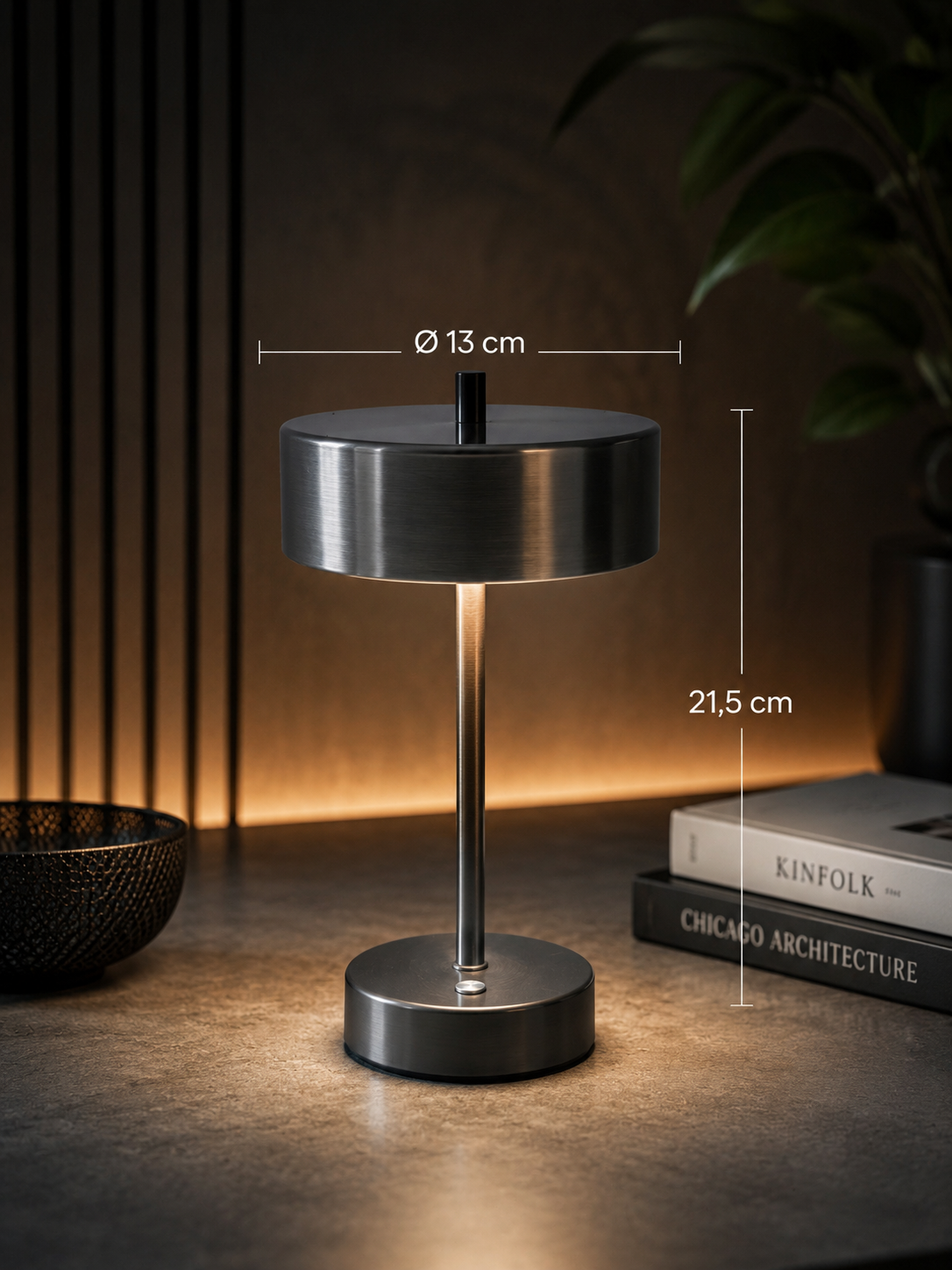 ASCEND21 Steel Dot™ LED Tischlampe aus Metall – Akku Tischleuchte mit Touch-Dimmer, Warmweißes Licht, USB-C Aufladbar, Kabellose Designlampe für Schreibtisch, Nachttisch, Balkon & Wohnzimmer