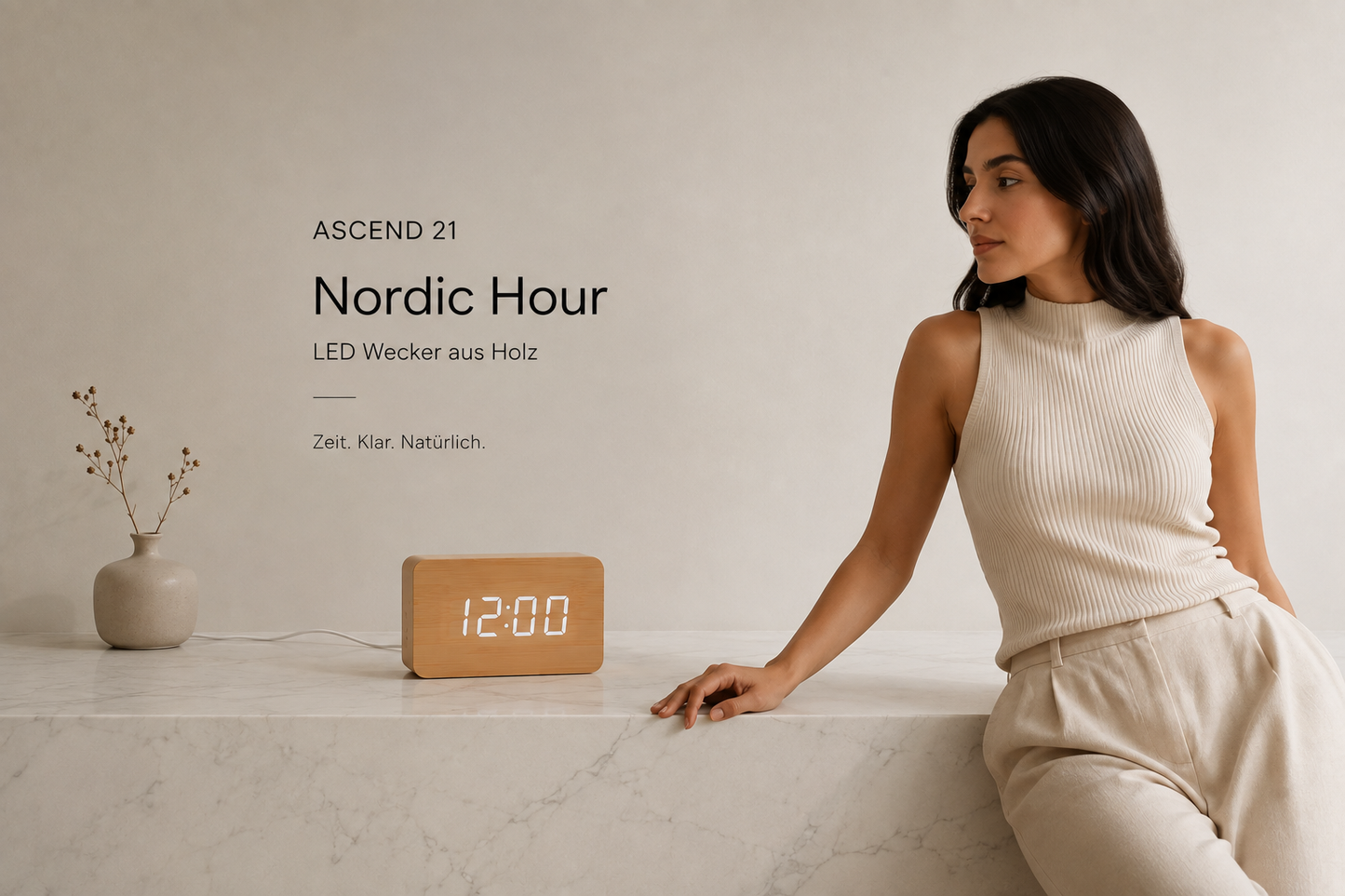 ASCEND 21 Nordic Hour – Digitaler LED Holzwecker mit Temperaturanzeige – Moderner Holz Wecker mit LED Display – Sprachsteuerung – Einstellbare Helligkeit – USB Tischuhr für Schlafzimmer, Büro & Wohnzimmer