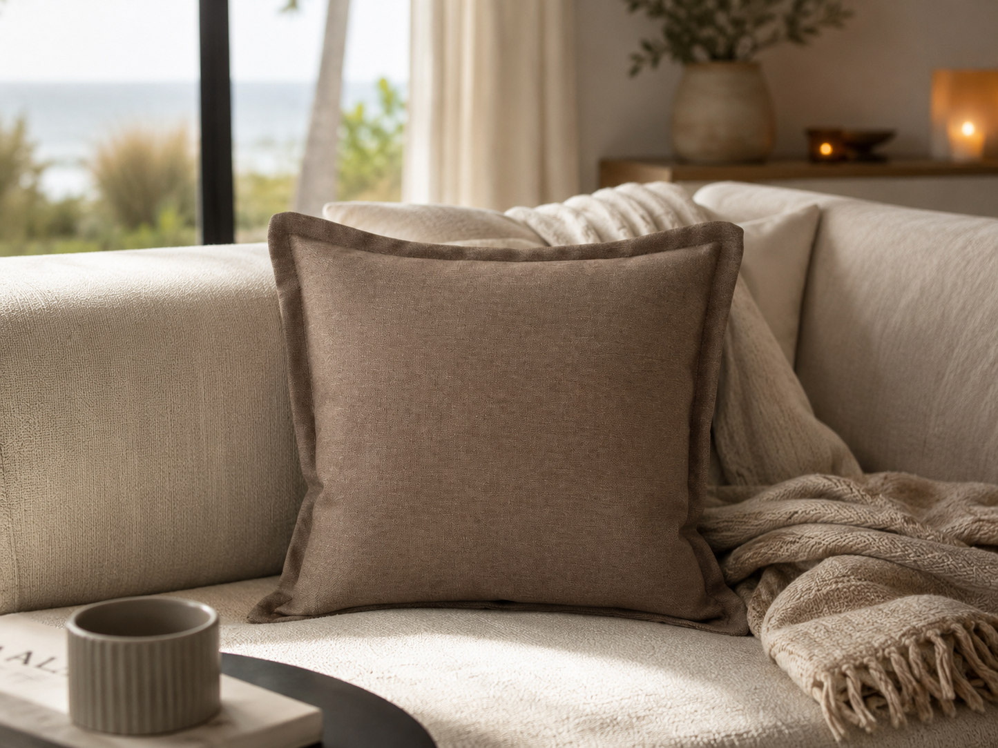 Cushiva™ Design Dekokissen 45x45 cm – Premium Sofakissen mit Füllung | Modernes Wohnkissen im Skandi & Boho Stil | Waschbarer Bezug mit Reißverschluss | Dekokissen für Sofa, Bett & Wohnzimmer (Braun/Grau)