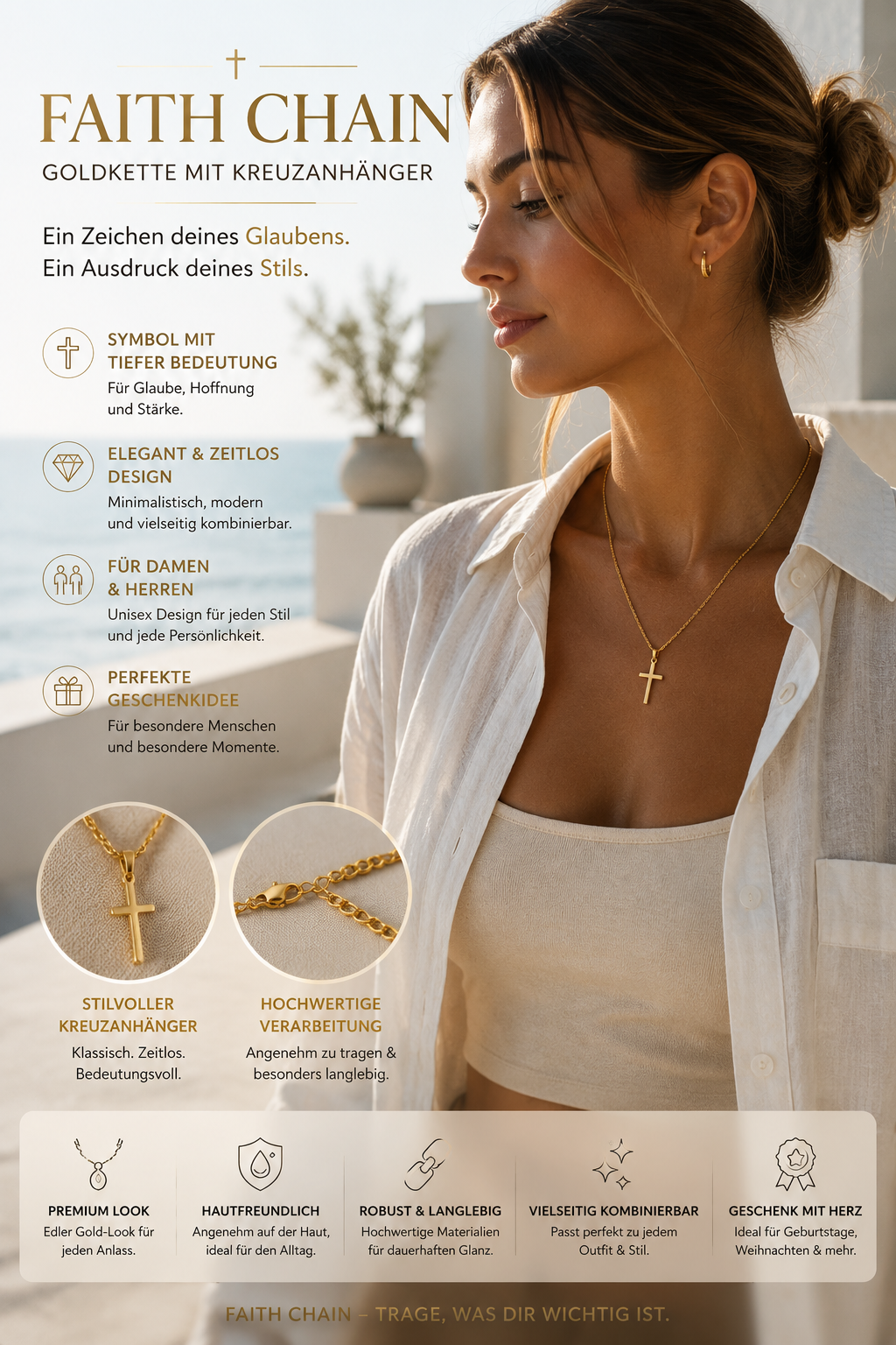 Faith Chain™ Goldkette mit Kreuzanhänger – Elegante Halskette für Damen & Herren | Minimalistische Kreuz Kette Gold | Christlicher Schmuck | Geschenkidee für Geburtstag, Weihnachten & besondere Momente