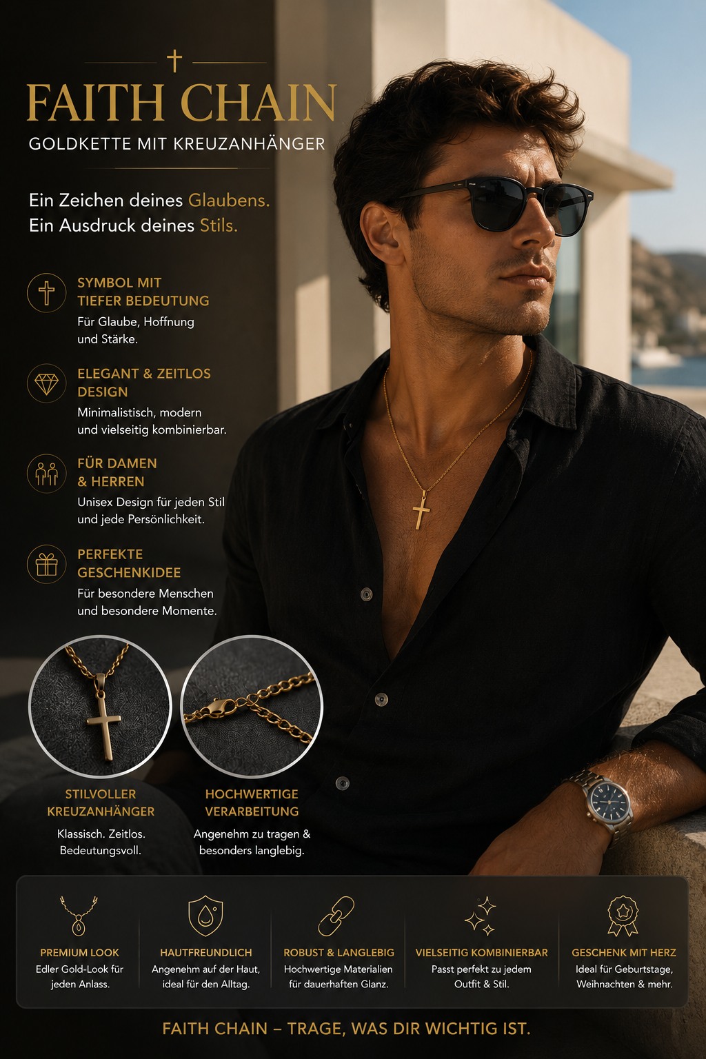 Faith Chain™ Goldkette mit Kreuzanhänger – Elegante Halskette für Damen & Herren | Minimalistische Kreuz Kette Gold | Christlicher Schmuck | Geschenkidee für Geburtstag, Weihnachten & besondere Momente