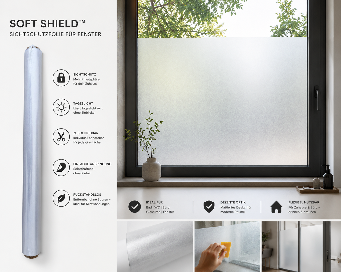 SOFT SHIELD™ Sichtschutzfolie Fenster – Milchglasfolie selbsthaftend | Mattierte Fensterfolie ohne Kleber | Blickschutz für Bad, Büro & Glastüren | Zuschneidbar & rückstandslos entfernbar
