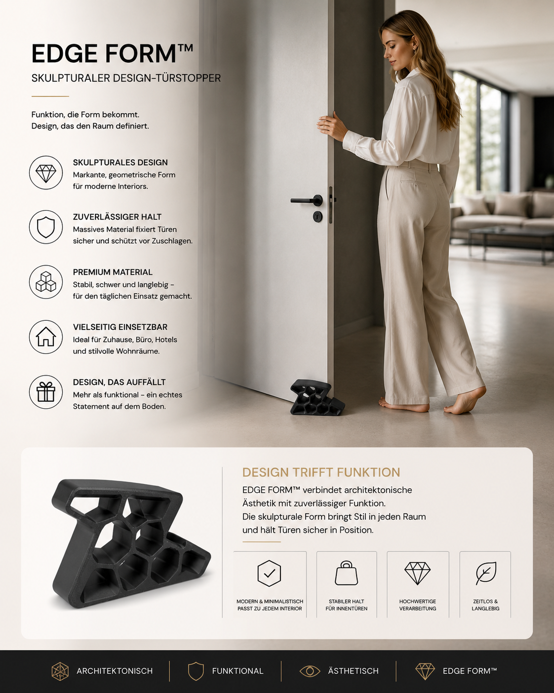 EDGE FORM™ Design Türstopper – Moderner Boden-Türhalter mit skulpturaler Form | Schwerer Türkeil für Innentüren | Minimalistisches Wohnaccessoire für Zuhause, Büro & Interior Design