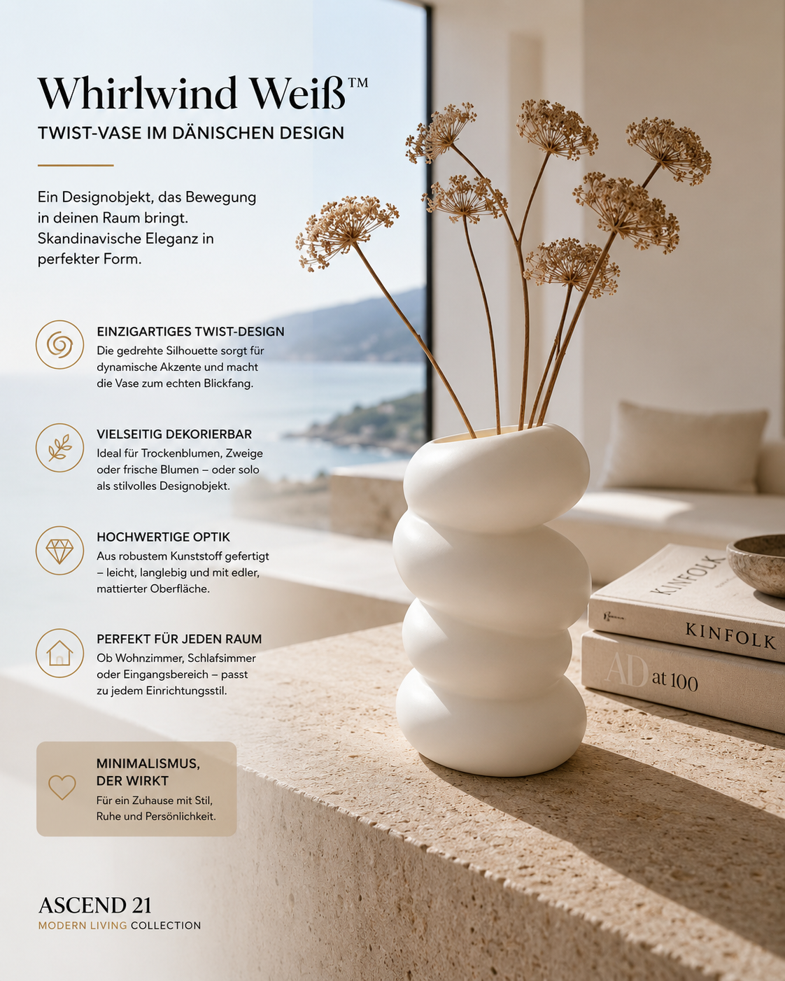 Whirlwind Weiß™ Design Vase – Moderne Twist Vase im skandinavischen Stil | Weiße Deko Vase für Trockenblumen & Blumen | Minimalistische Wohnzimmer Deko | Nordic Interior Accessoire
