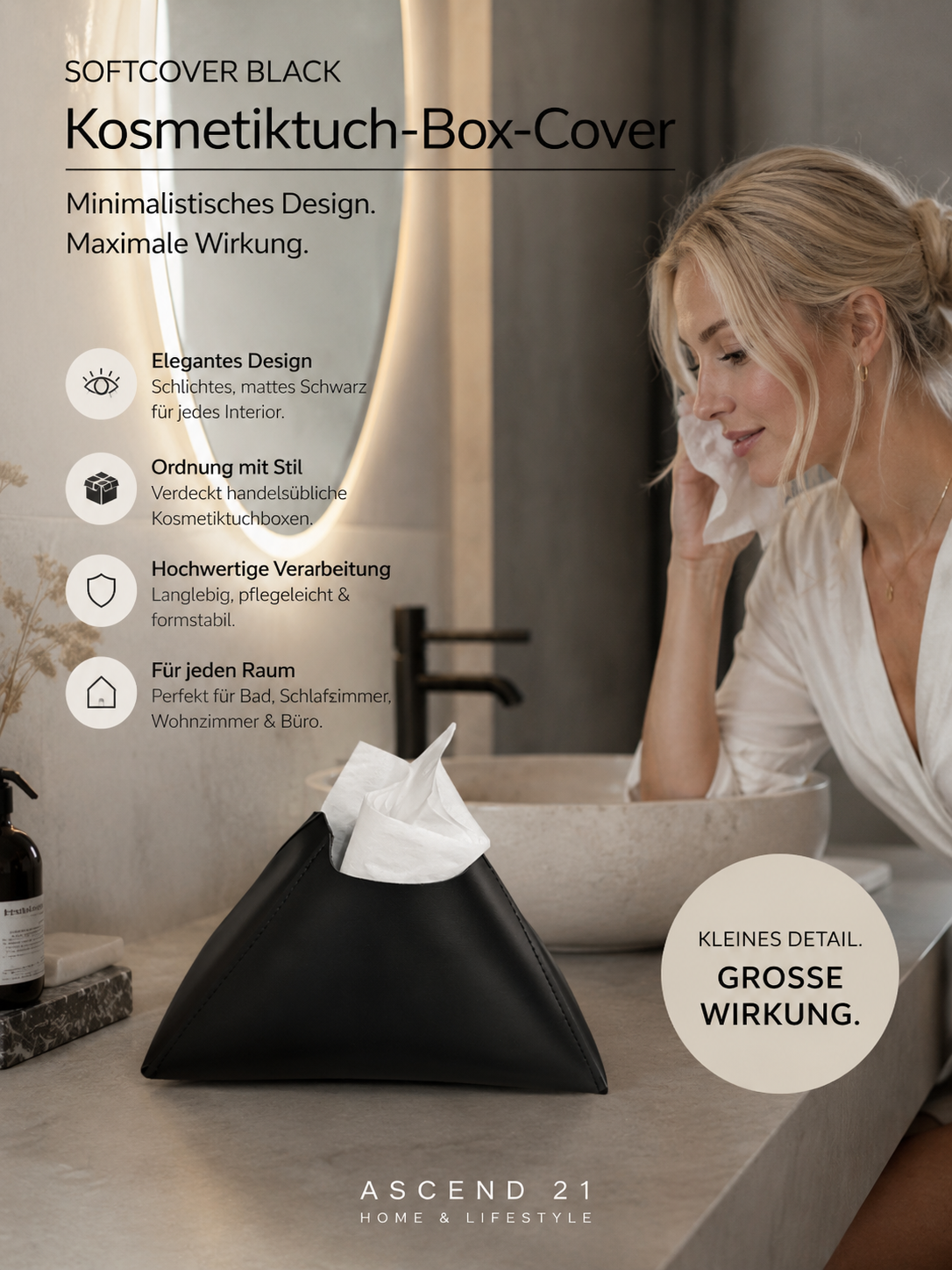 ASCEND 21 SoftCover Black Kosmetiktuchbox – Elegante Taschentuchbox Abdeckung in Matt Schwarz | Minimalistischer Kosmetiktuchspender für Bad, Wohnzimmer & Büro | Moderne Tissue Box Hülle