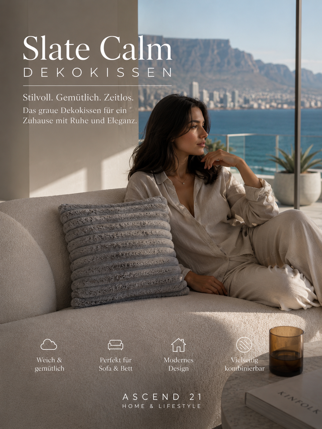 ASCEND 21 Slate Calm Dekokissen Grau – Modernes Sofakissen im minimalistischen Design | Weiches Zierkissen für Wohnzimmer, Schlafzimmer & Lounge | Scandi & Japandi Home Deko Kissen