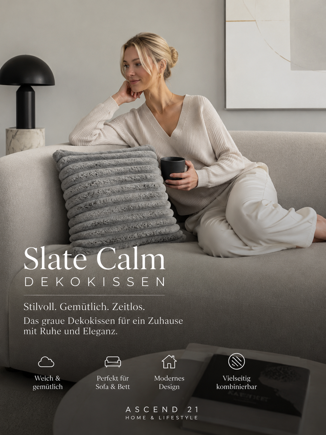 ASCEND 21 Slate Calm Dekokissen Grau – Modernes Sofakissen im minimalistischen Design | Weiches Zierkissen für Wohnzimmer, Schlafzimmer & Lounge | Scandi & Japandi Home Deko Kissen
