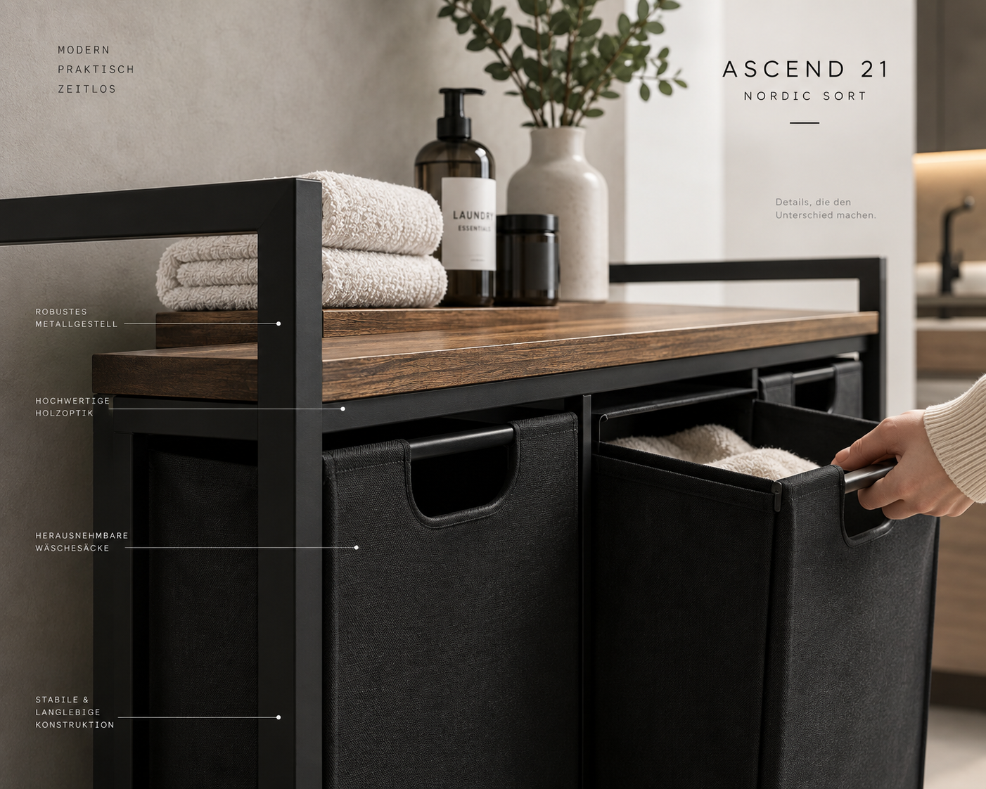 ASCEND 21 Nordic Sort – Wäschekorb mit 3 Fächern und Ablage – Moderner Wäschesammler mit herausnehmbaren Wäschesäcken – Metallgestell & Holzoptik – Platzsparender Wäschesortierer für Bad und Waschküche