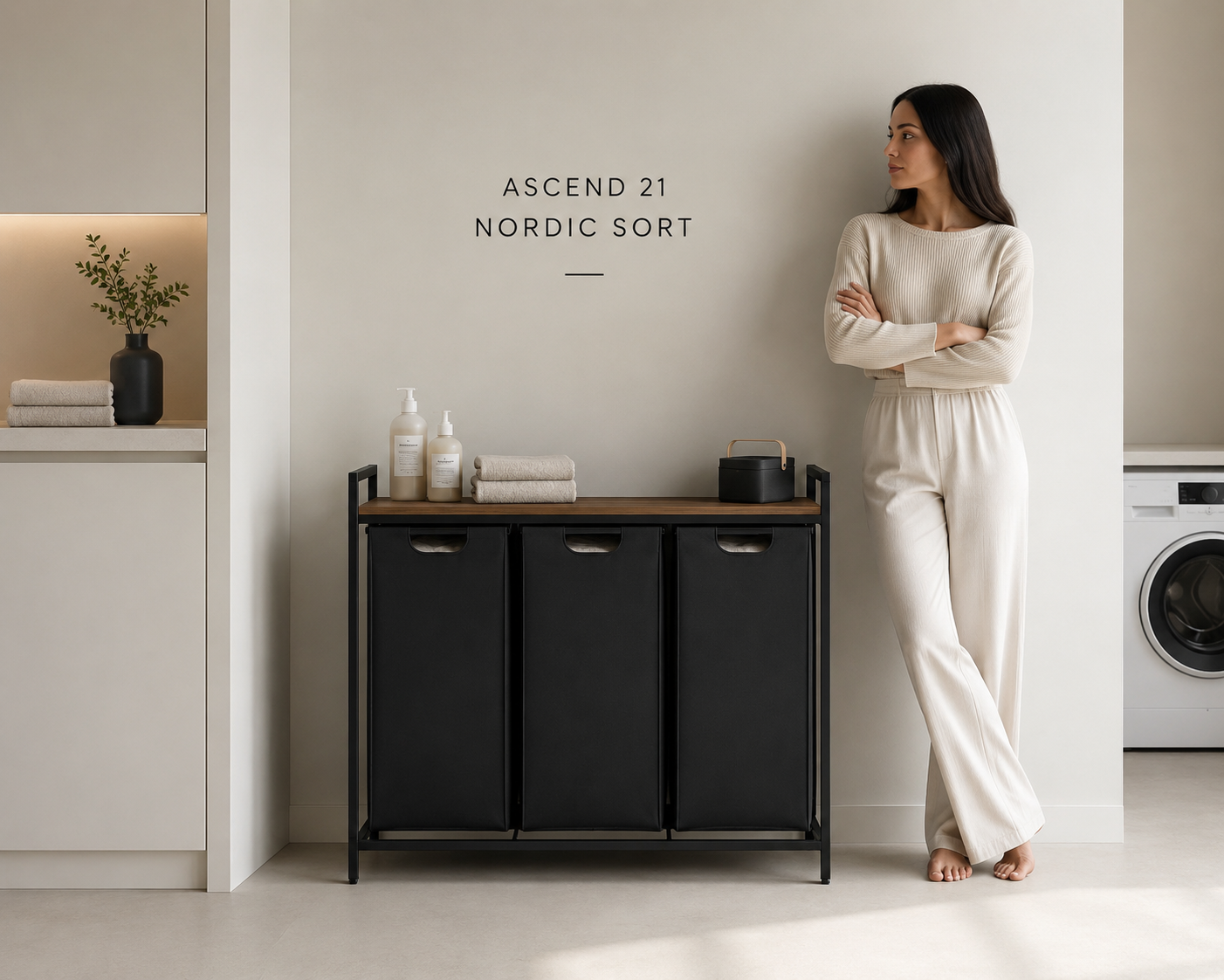 ASCEND 21 Nordic Sort – Wäschekorb mit 3 Fächern und Ablage – Moderner Wäschesammler mit herausnehmbaren Wäschesäcken – Metallgestell & Holzoptik – Platzsparender Wäschesortierer für Bad und Waschküche