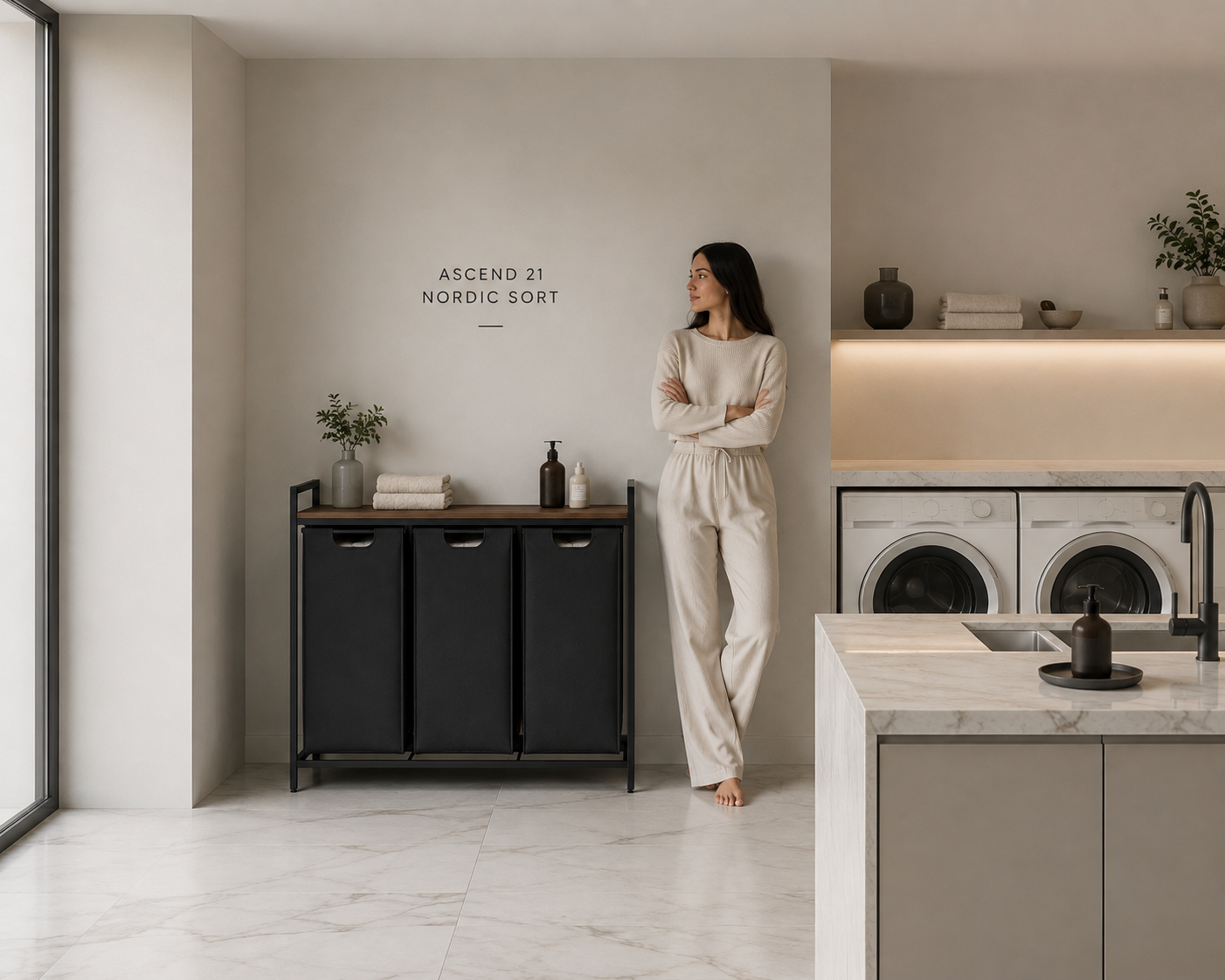 ASCEND 21 Nordic Sort – Wäschekorb mit 3 Fächern und Ablage – Moderner Wäschesammler mit herausnehmbaren Wäschesäcken – Metallgestell & Holzoptik – Platzsparender Wäschesortierer für Bad und Waschküche