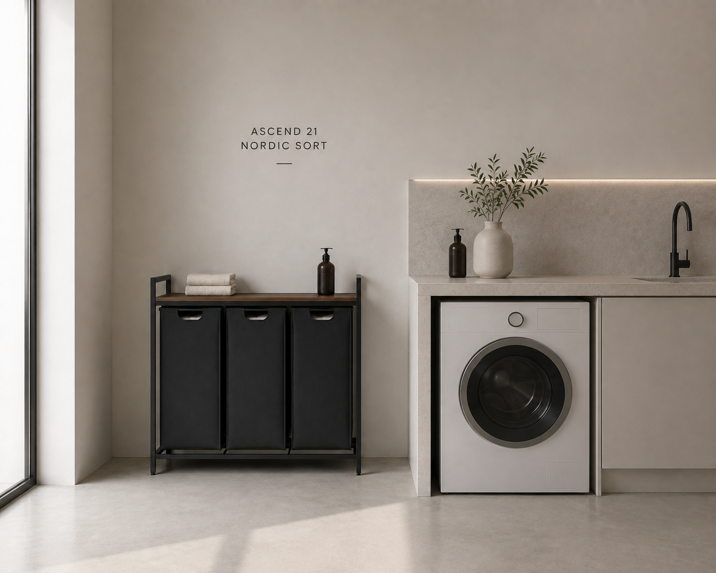 ASCEND 21 Nordic Sort – Wäschekorb mit 3 Fächern und Ablage – Moderner Wäschesammler mit herausnehmbaren Wäschesäcken – Metallgestell & Holzoptik – Platzsparender Wäschesortierer für Bad und Waschküche
