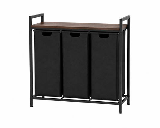 ASCEND 21 Nordic Sort – Wäschekorb mit 3 Fächern und Ablage – Moderner Wäschesammler mit herausnehmbaren Wäschesäcken – Metallgestell & Holzoptik – Platzsparender Wäschesortierer für Bad und Waschküche